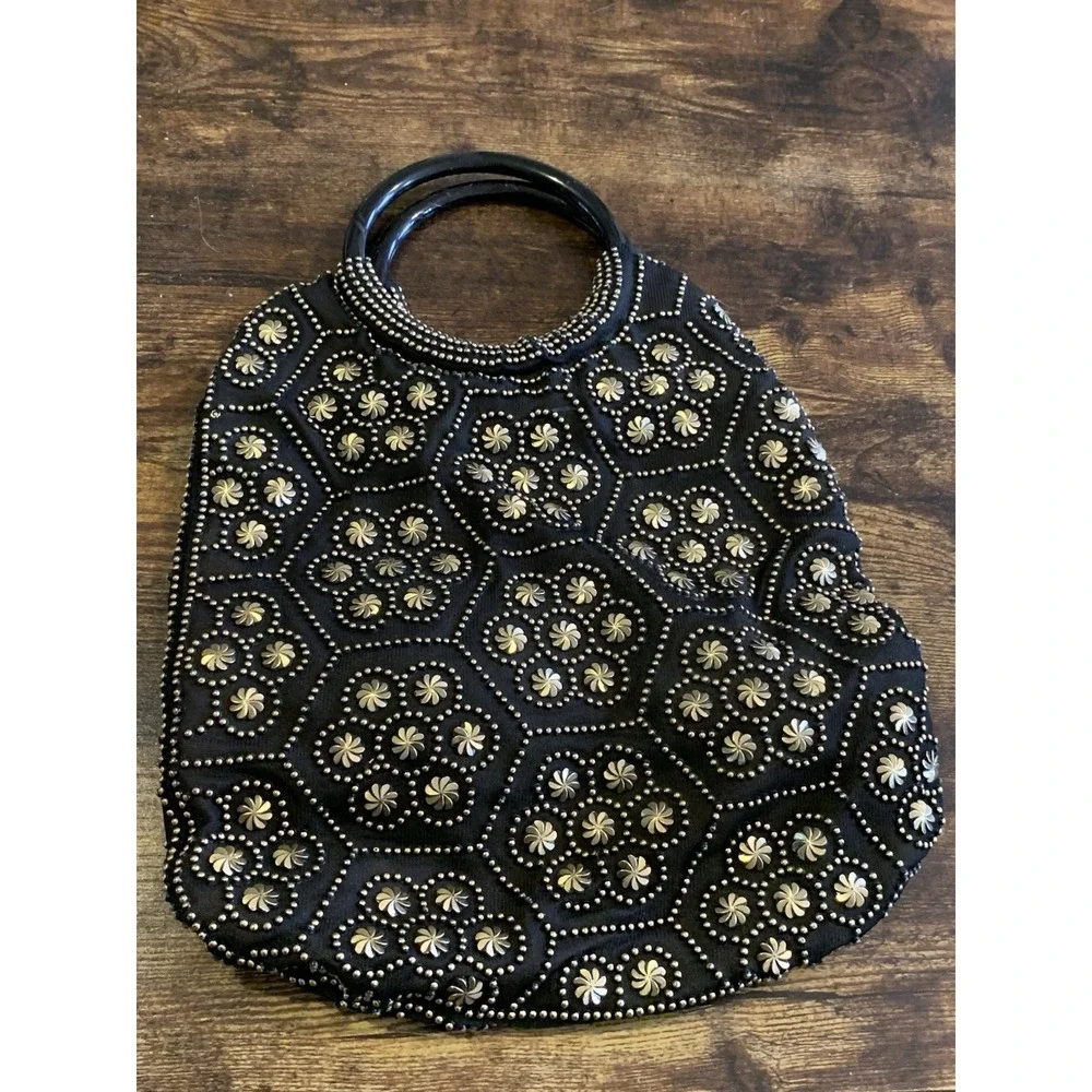 Vintage 1960s Black Beaded Handbag Black Handle &‎ Gold Stud Embellishing Boho